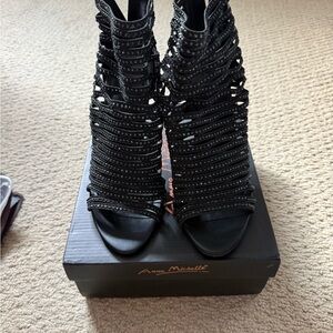Anne Michelle Black Strappy Rhinestone High Heel Sandals